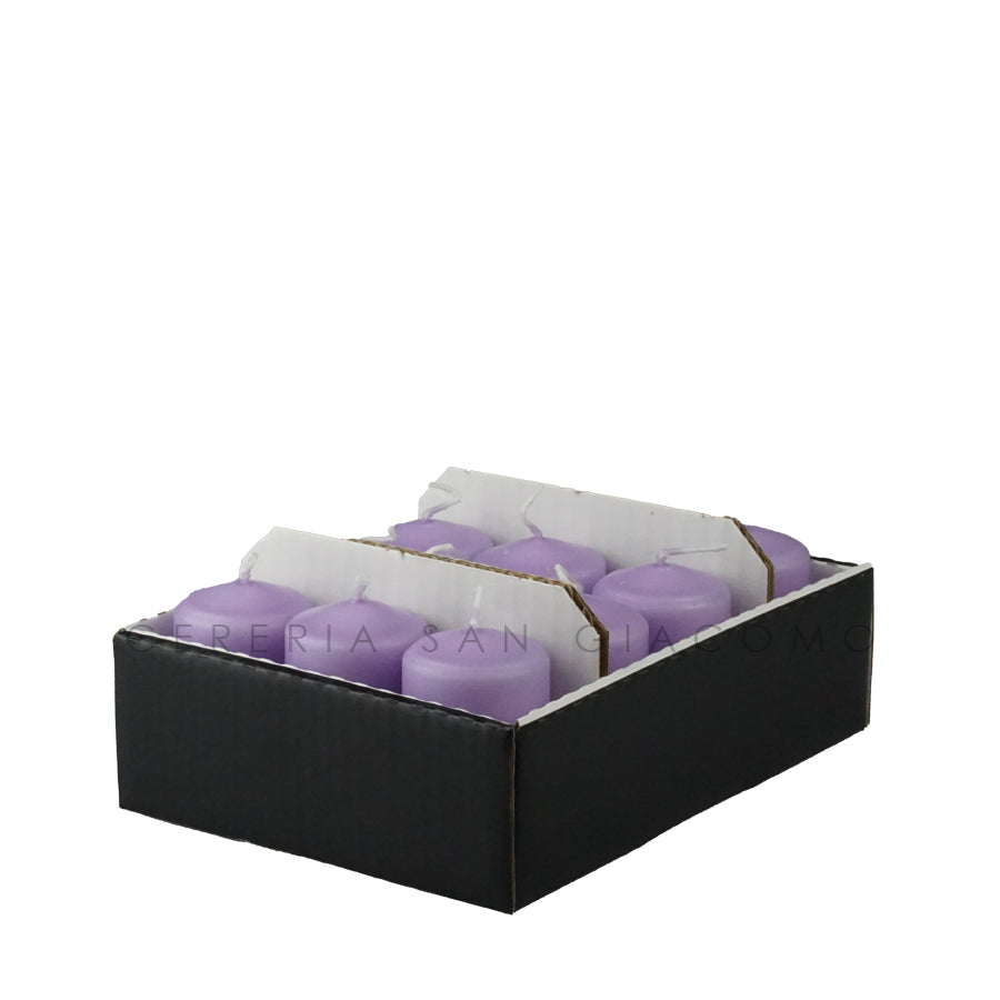 Candele Cilindriche Ø50 mm. h 80 mm. Lilla in vassoio da 12 durata ±15 ore Candele-cereriasangiacomo