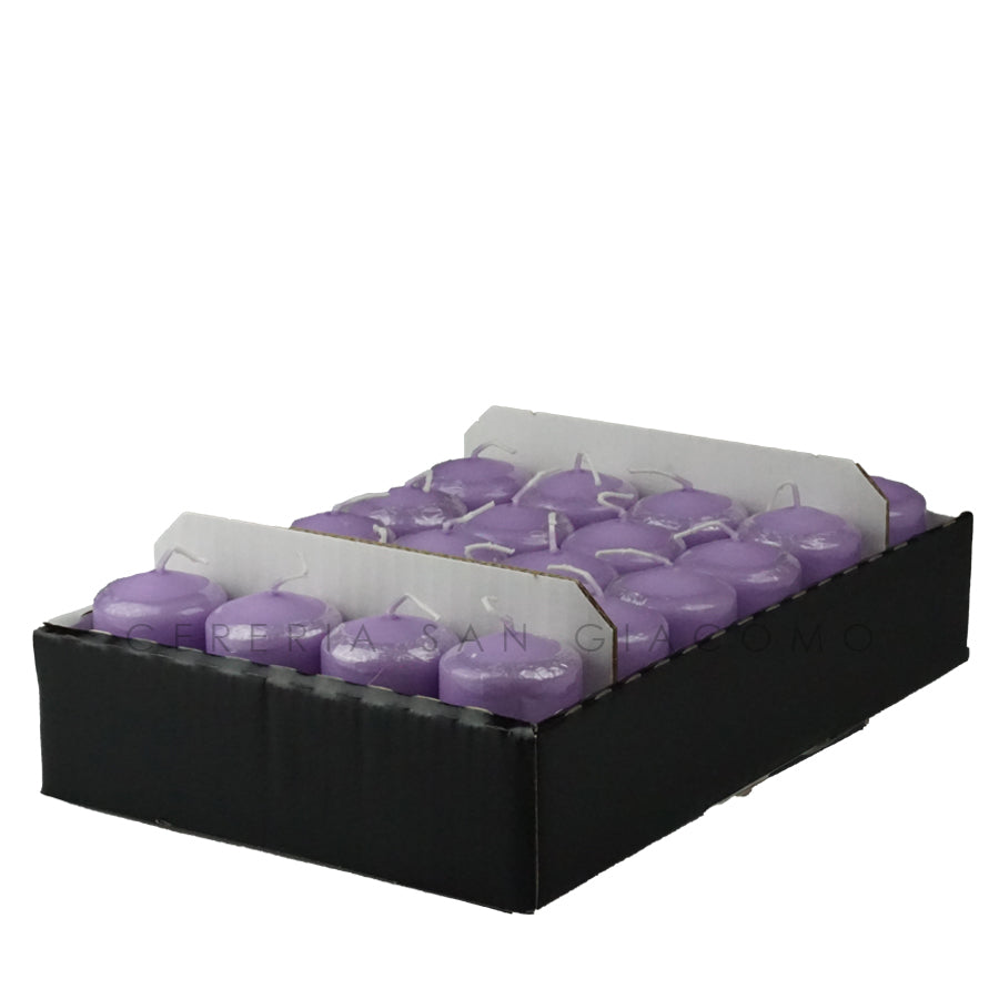 Cylindrical candles Ø50 mm. h 80 mm. duration 15 hours Lilac in tray of 12 pieces