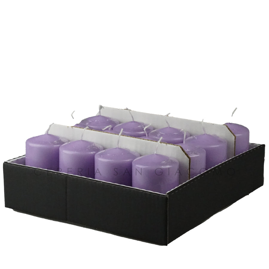 Cylindrical candles Ø60 mm. h 100 mm duration 28 hours Lilac in tray of 12