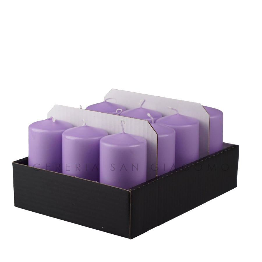 Candele Cilindriche Ø60 mm. h 120 mm. Lilla in vassoio da 12 durata ±33 ore Candele-cereriasangiacomo
