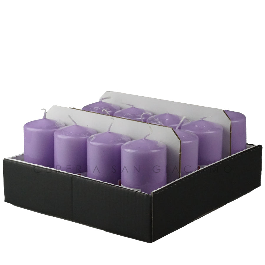 Candele Cilindriche Ø60 mm. h 120 mm. Lilla in vassoio da 16 durata ±33 ore in cellophane