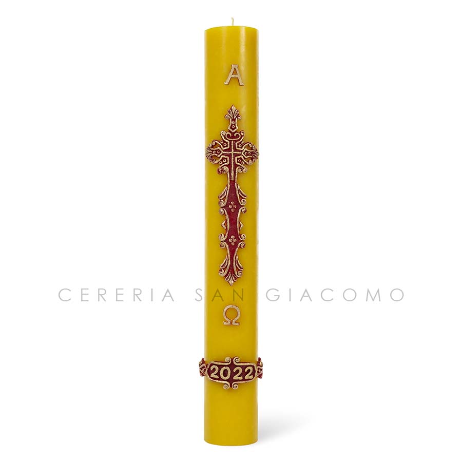 Easter candle in beeswax complete with embossed wax images "Baroque Cross"