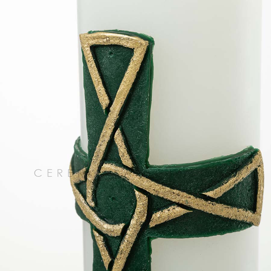 Cero Pasquale in cera bianca completo di immagini in cera in rilievo "Croce Verde Intrecciata"