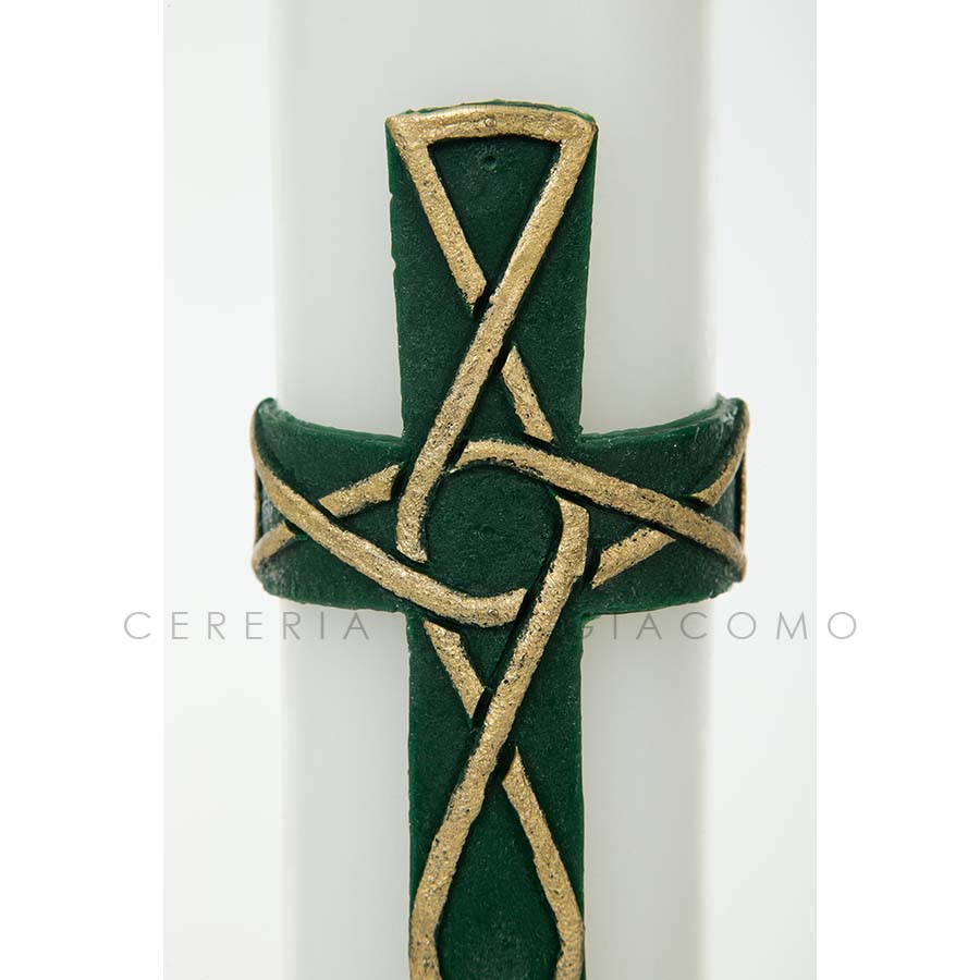 Paschal candle in white wax complete with embossed wax images of the "Intertwined Green Cross"