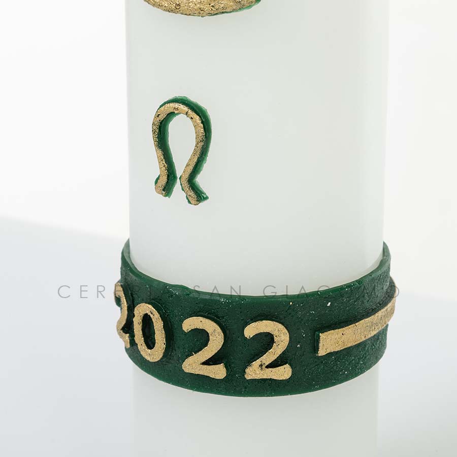 Paschal candle in white wax complete with embossed wax images of the "Intertwined Green Cross"