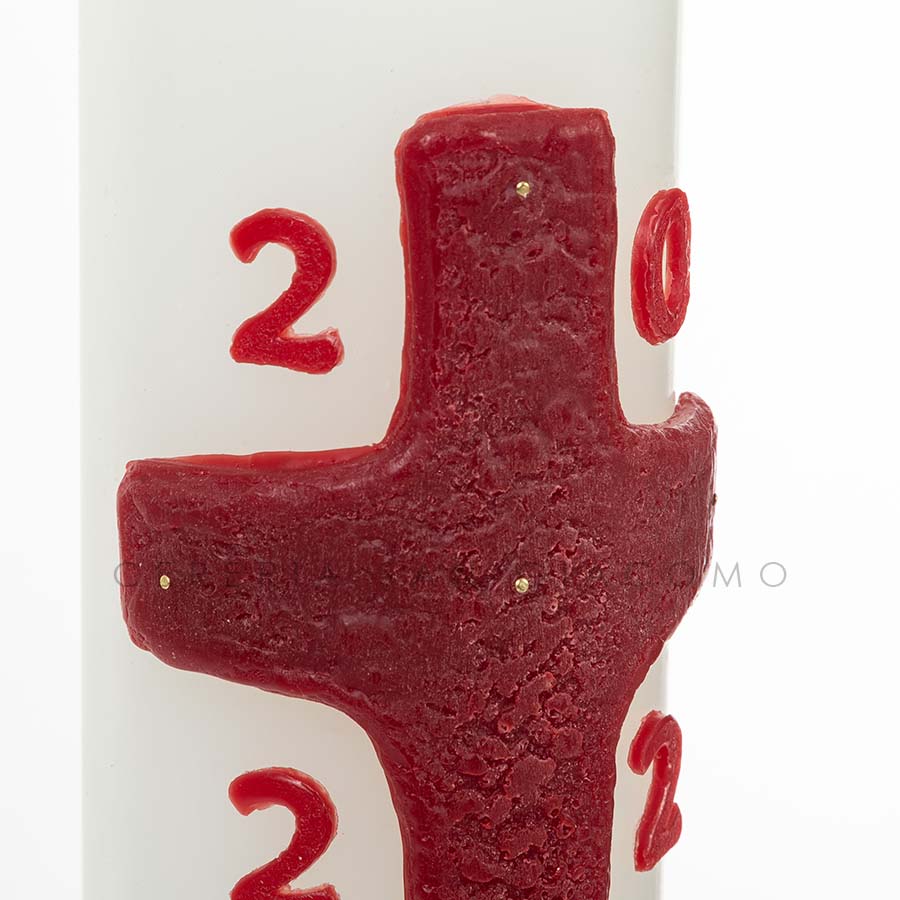 Easter candle in white wax complete with embossed wax images of the "Red Cross"