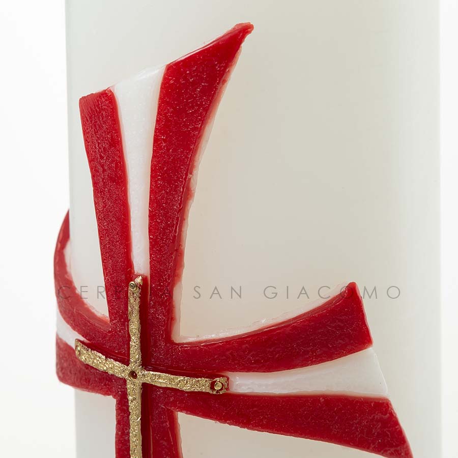 Paschal candle in white wax complete with embossed wax images "Red and White Cross"