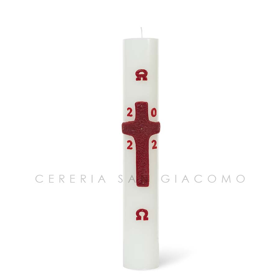 Easter candle in white wax complete with embossed wax images of the "Red Cross"