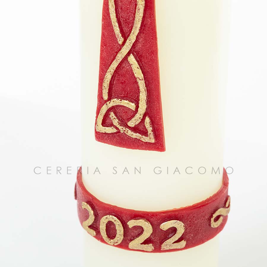 Paschal candle in white wax complete with embossed wax images "Holy Trinity Cross"