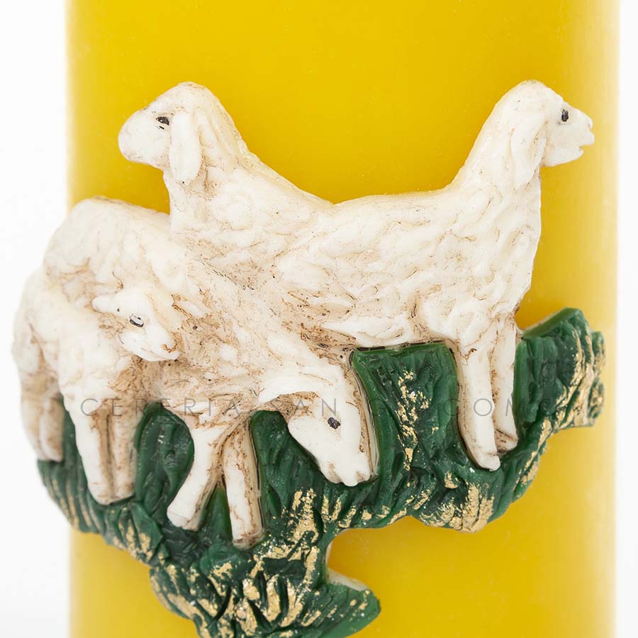 Easter candle in beeswax complete with embossed wax images "Cross The Good Shepherd"