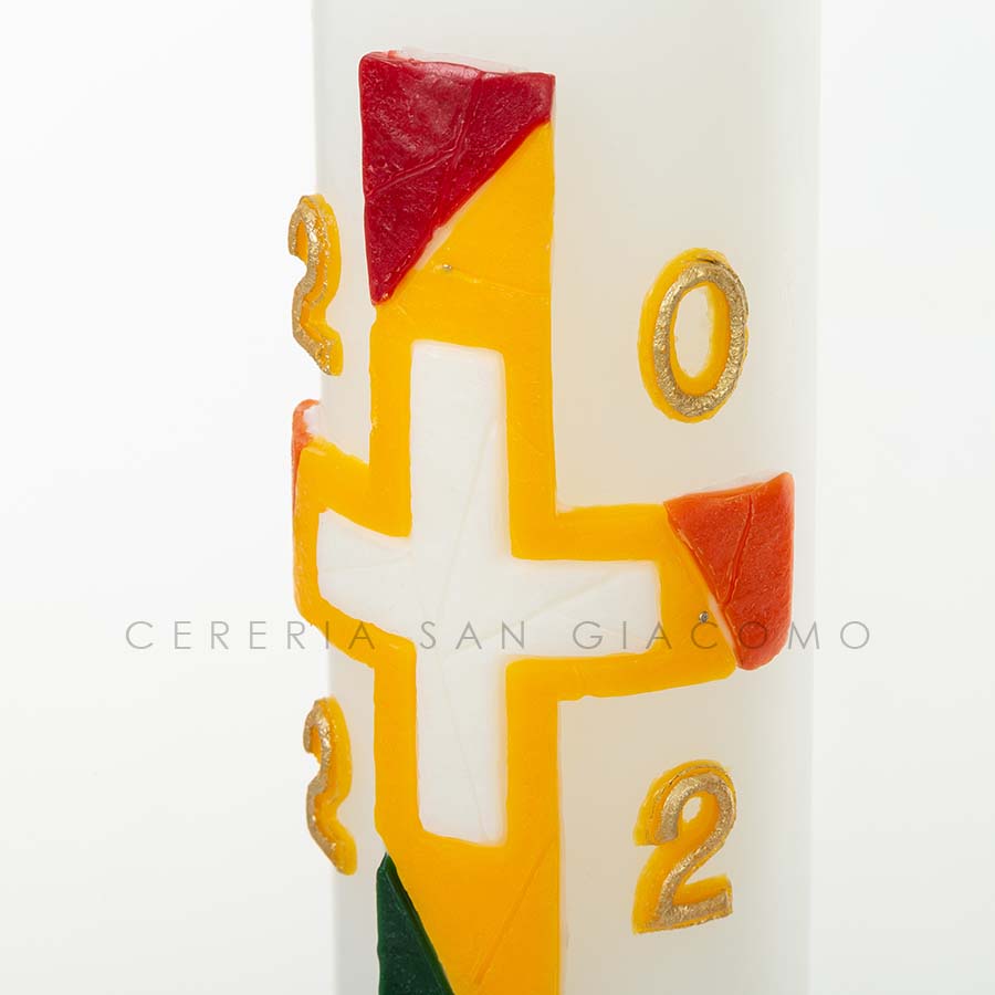 Easter candle in white wax complete with embossed wax images "Multicolored Cross"