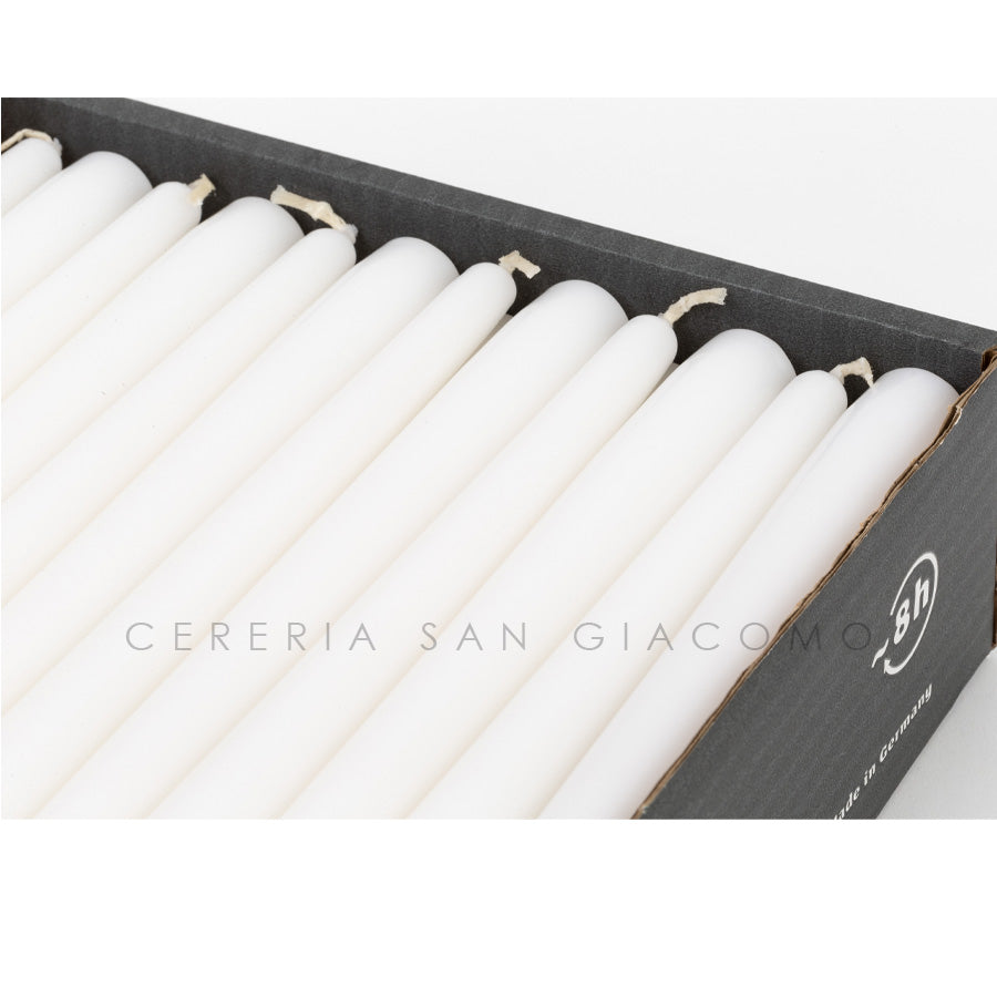 White conical candles Ø 23 mm. h 250 mm. lasts 8 hours, pack of 48 pieces