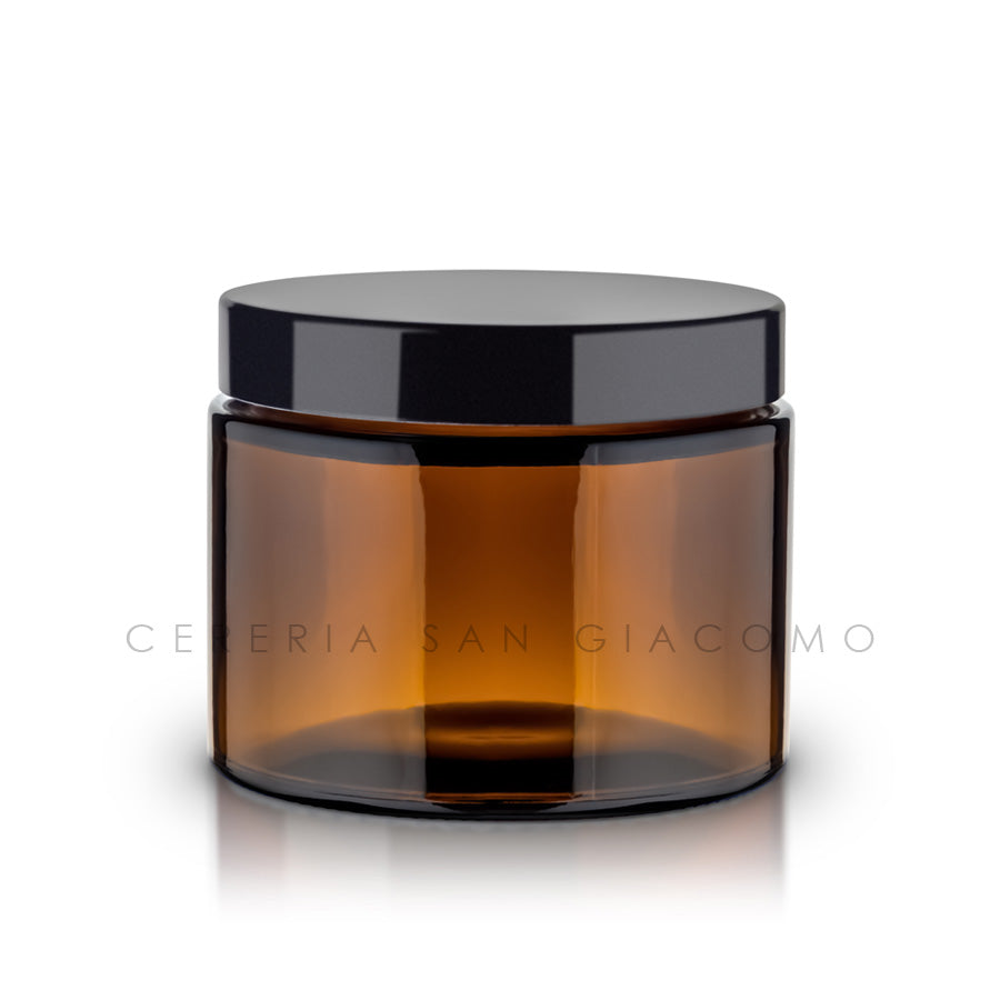 Vaso in vetro ambra da 450 gr. Ø110 mm. h 70 mm. con tappo in urea