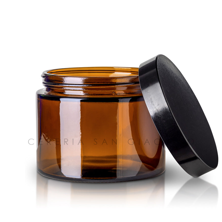 Vaso in vetro ambra da 450 gr. Ø110 mm. h 70 mm. con tappo in urea