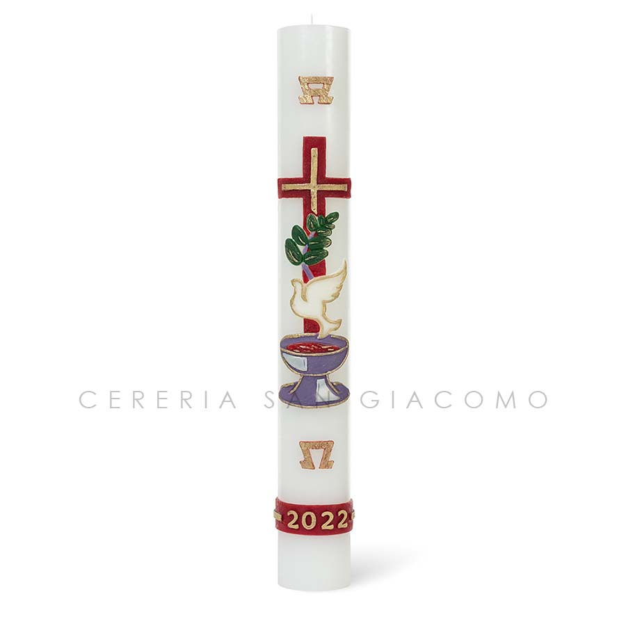 Paschal candle in white wax complete with embossed wax images &quot;Cross, Dove and Chalice&quot;
