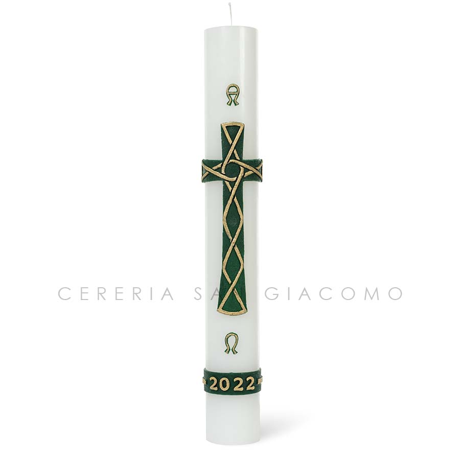 Paschal candle in white wax complete with embossed wax images of the &quot;Intertwined Green Cross&quot;