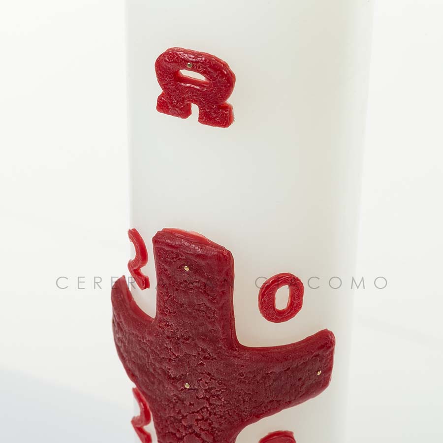 Easter candle in white wax complete with embossed wax images of the &quot;Red Cross&quot;