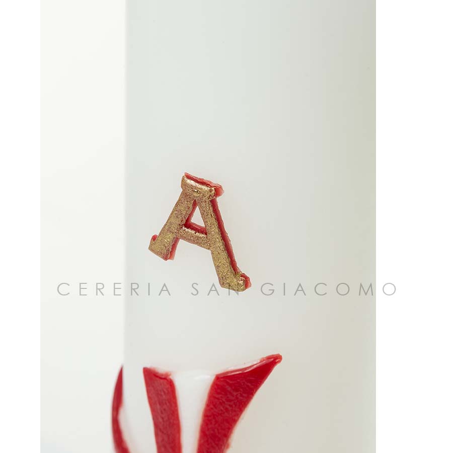 Paschal candle in white wax complete with embossed wax images &quot;Red and White Cross&quot;