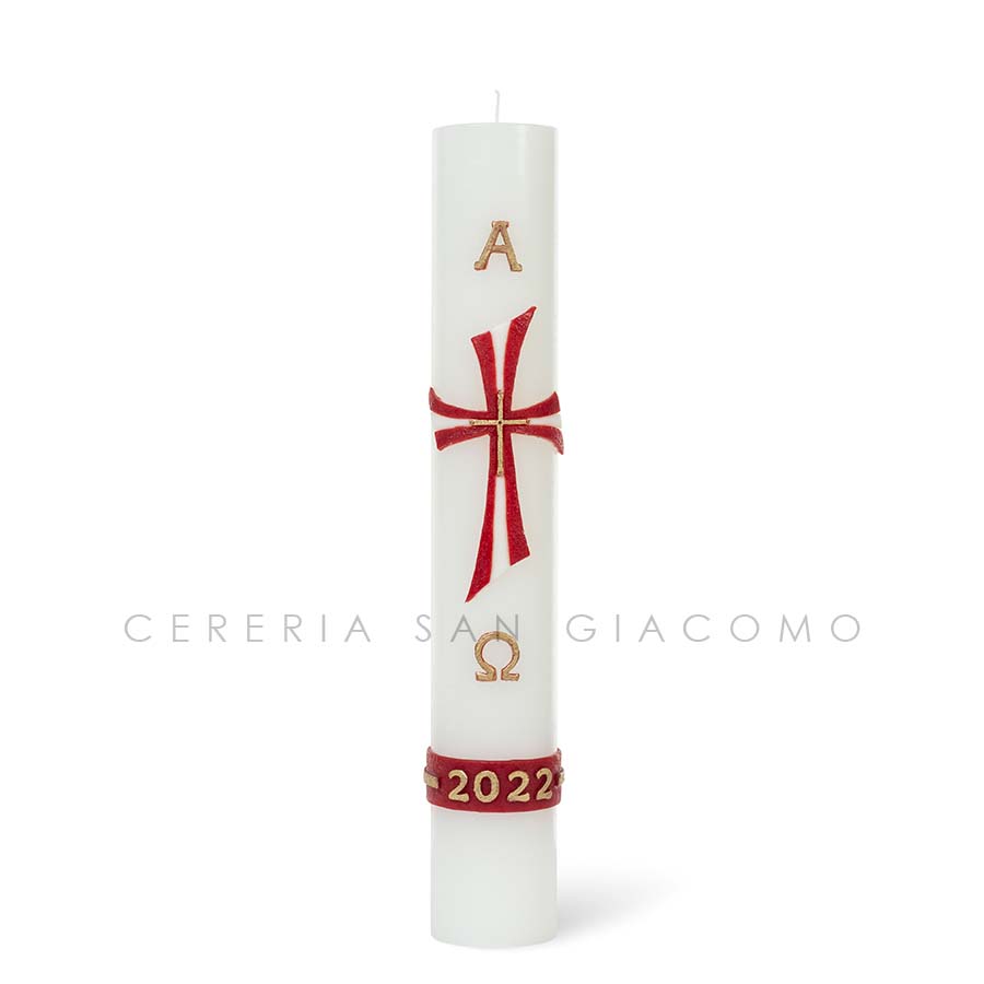 Paschal candle in white wax complete with embossed wax images &quot;Red and White Cross&quot;