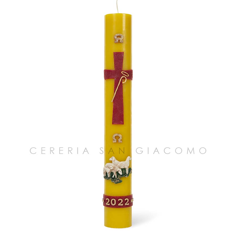 Easter candle in beeswax complete with embossed wax images &quot;Cross The Good Shepherd&quot;