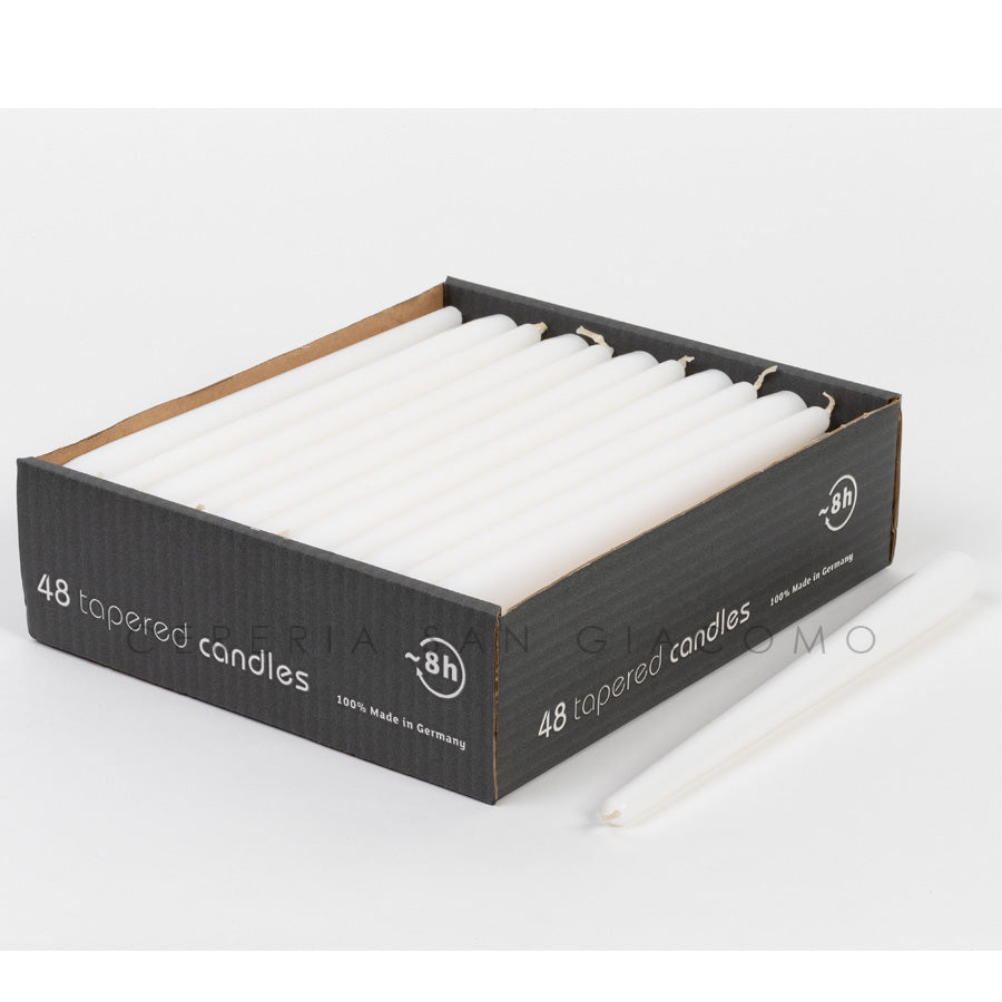 Candele coniche Bianche Ø 23 mm. h 250 mm. durata 8 ore confezione da 48 pezzi